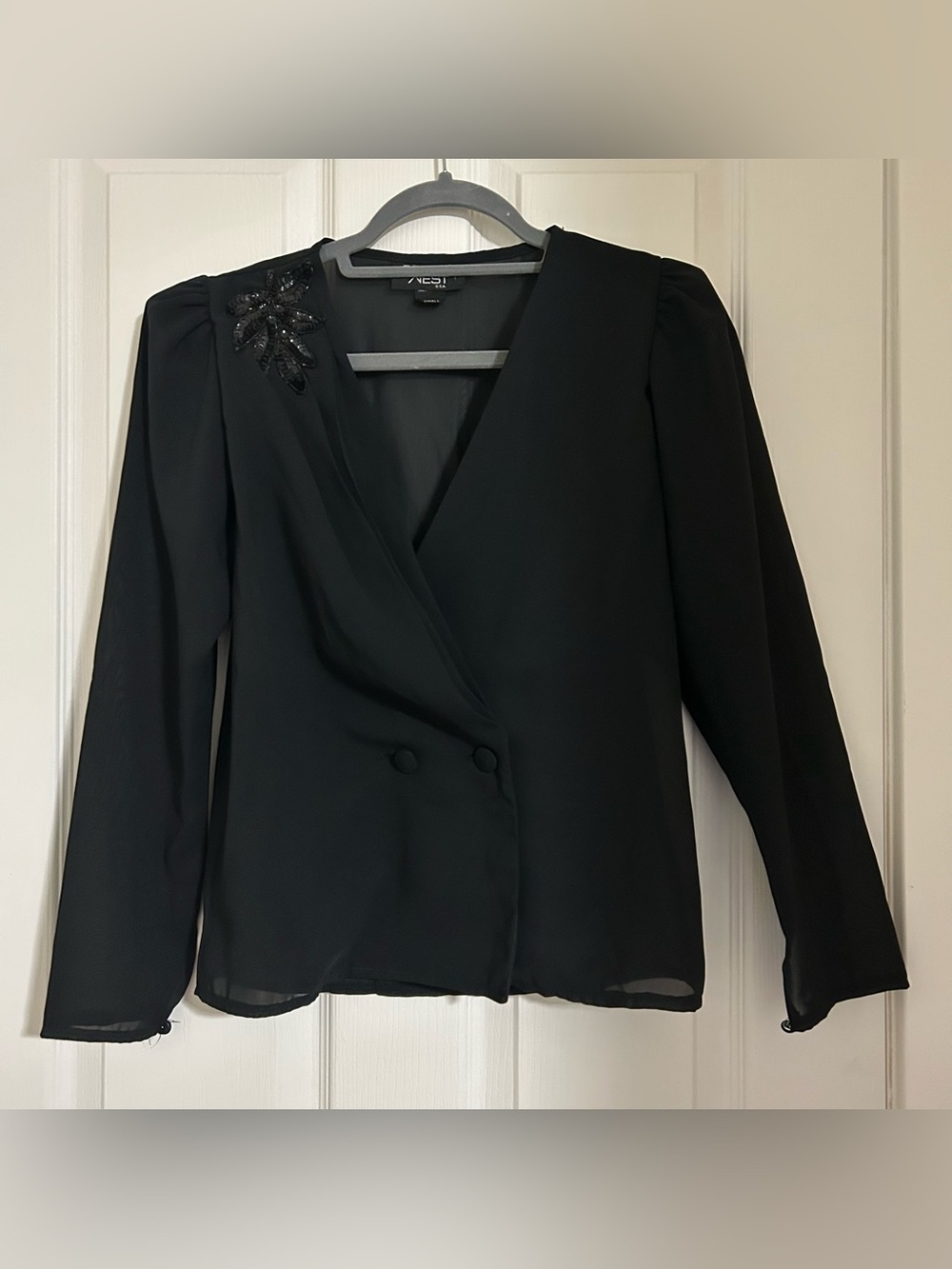 Chic Sheer Black Wrap Blouse with pleated detail - double button- sequin detail